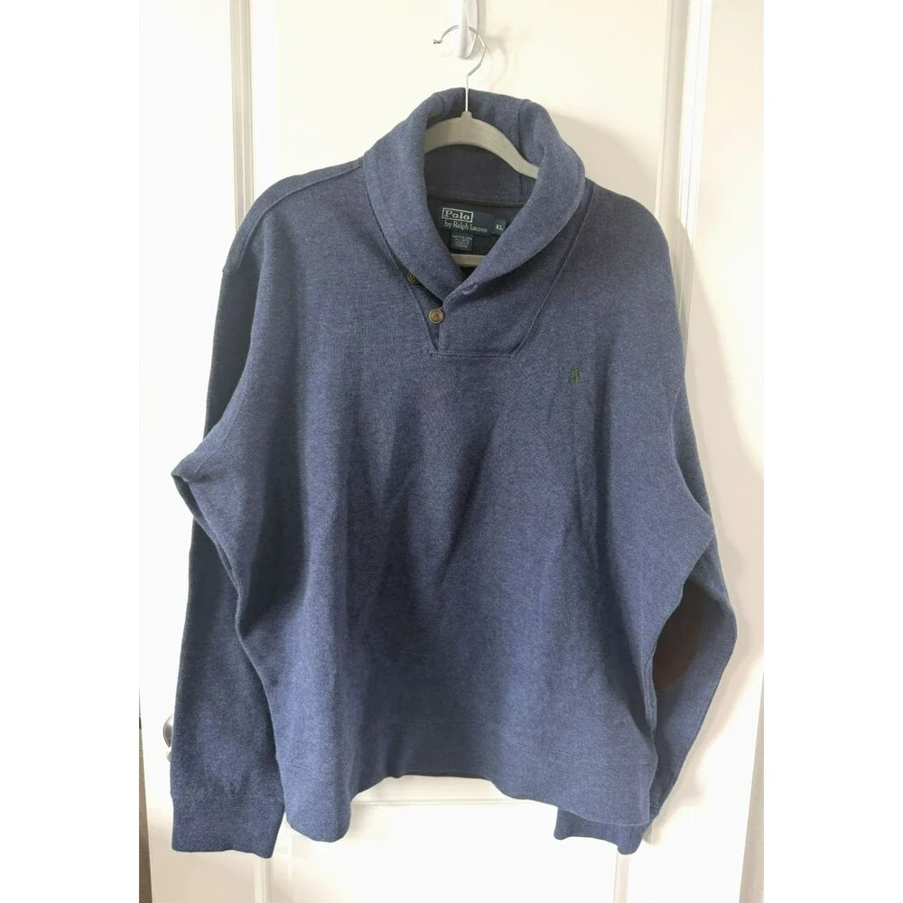 Polo Ralph Lauren Sweater Men's XL Blue heathered Cowl Neck Elbow Patches warm